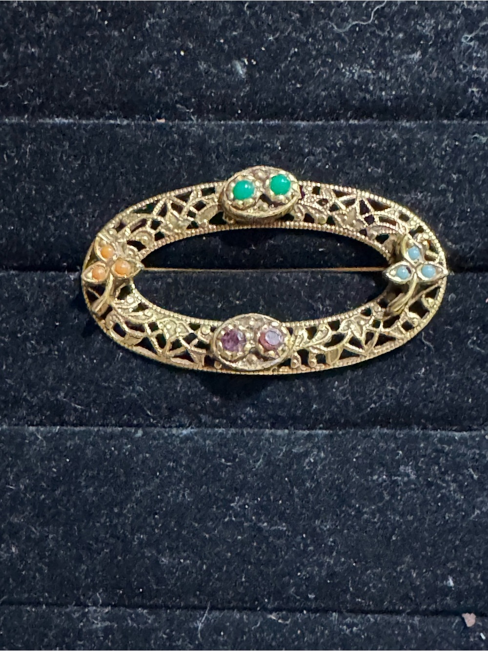 Unsigned Goldette Rhinestone Filigree Brooch - Women Jewelry